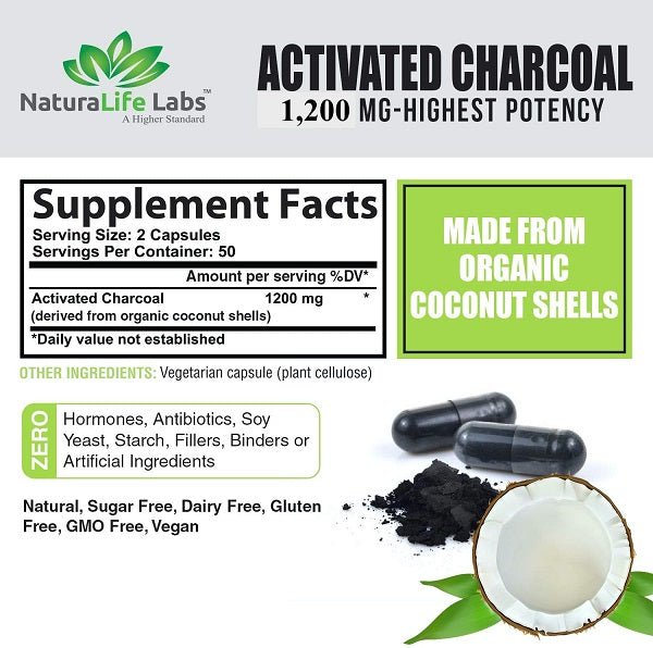 Activated charcoal supplement label with Supplement Facts and organic coconut shells