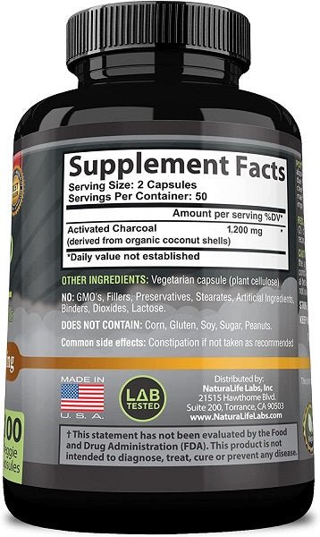 Activated charcoal supplement bottle back label with Supplement Facts and LDB tested