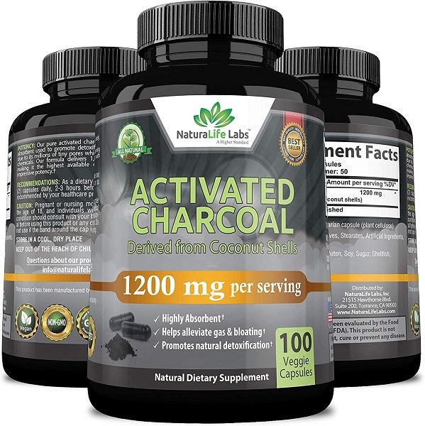 NaturaLife Labs activated charcoal supplement bottles, 100 veggie capsules (multi-pack)