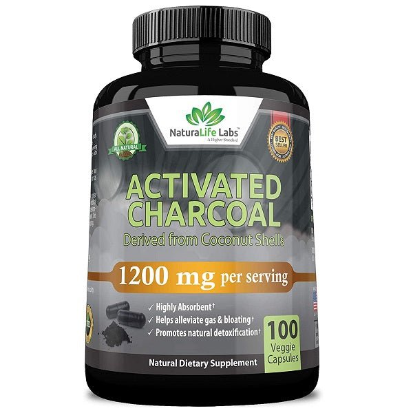 NaturaLife Labs activated charcoal supplement bottle, 100 veggie capsules