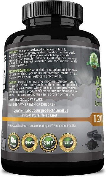 Activated charcoal supplement bottle back label with usage directions and GMP badges