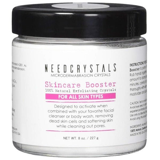 Microdermabrasion crystals skincare booster jar with black lid and pink label