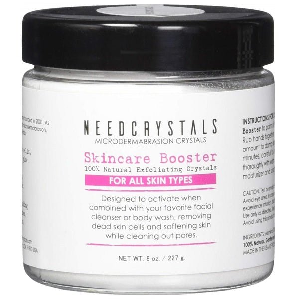 Microdermabrasion crystals skincare booster jar with black lid and pink label
