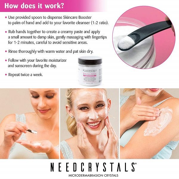 Microdermabrasion crystals skincare booster usage steps with spoon and jar