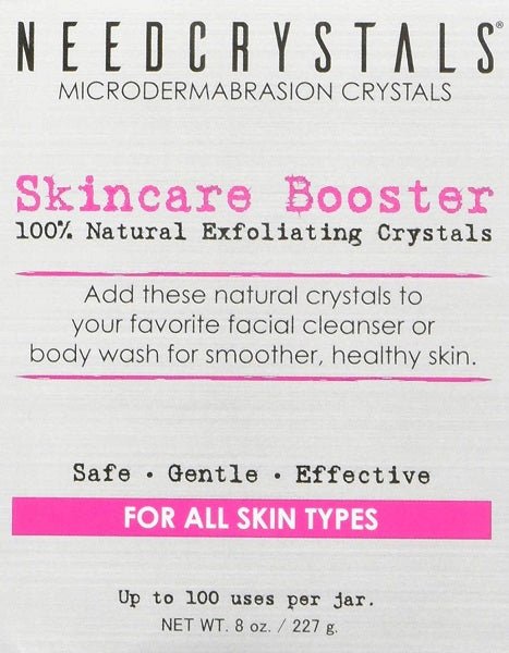 Microdermabrasion crystals label: Skincare Booster, 100% natural exfoliating crystals