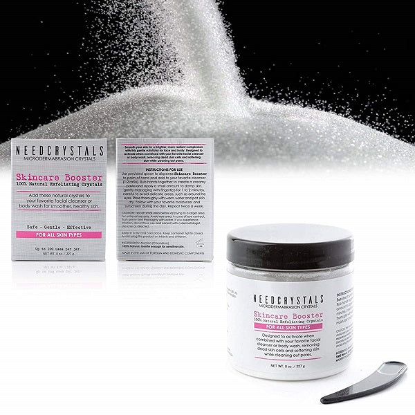 Microdermabrasion crystals jar with black lid, plus box panel and small spatula