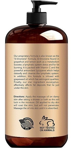Anti-cellulite massage oil bottle back label with black pump, New York Biology