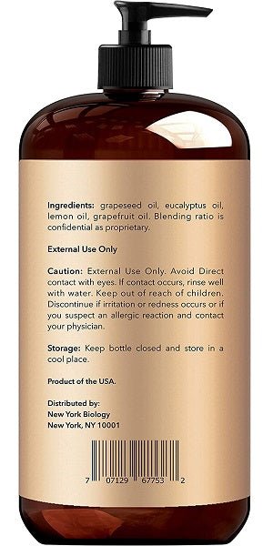 Anti-cellulite massage oil bottle with barcode and black pump, New York Biology