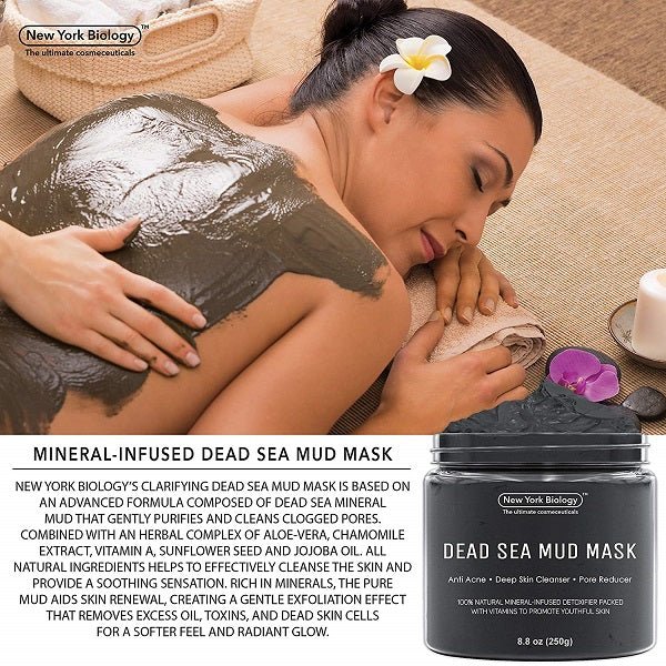 Dead Sea mud mask applied on skin with New York Biology jar beside it