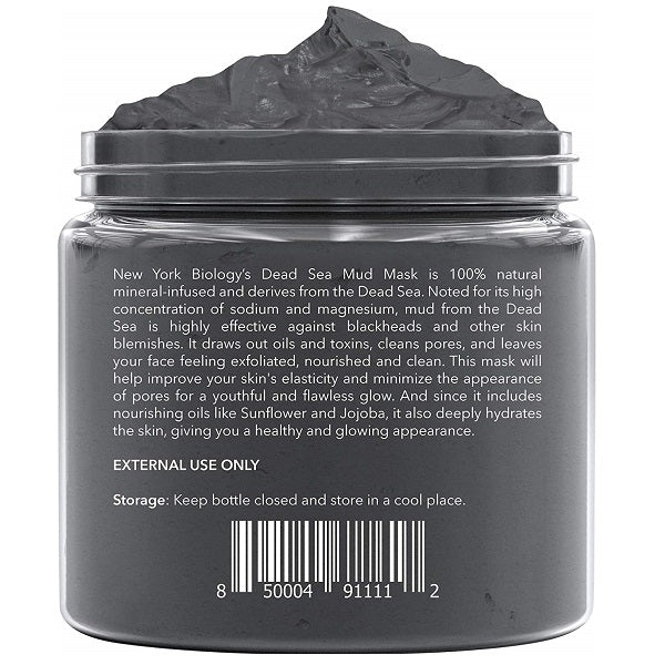 New York Biology Dead Sea Mud Mask jar, rear label with product info and barcode