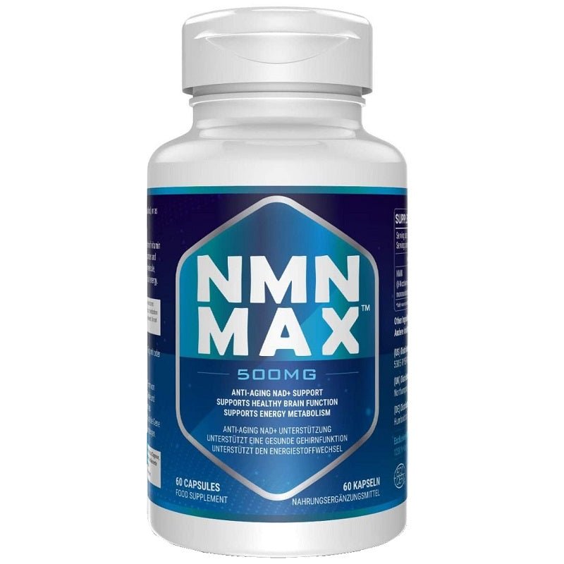 NMN Max nicotinamide mononucleotide supplement bottle, 500 mg, white cap