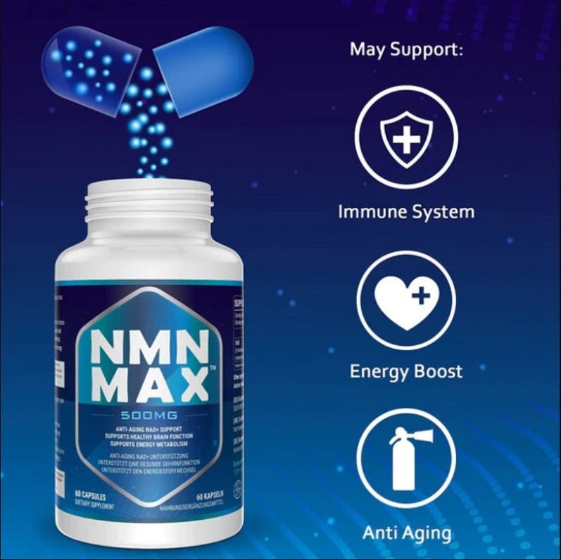 Nicotinamide mononucleotide capsule supplement bottle with NMN MAX 500 mg label