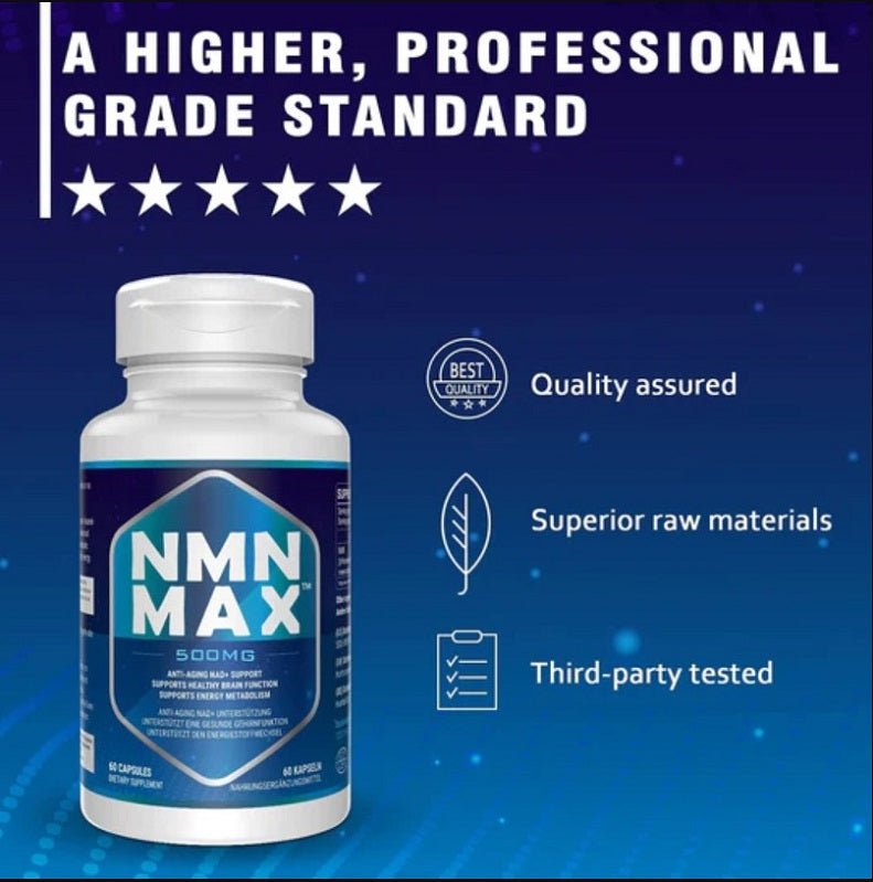 NMN Max nicotinamide mononucleotide supplement bottle with quality assured badge