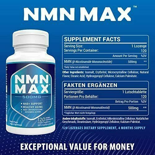 NMN Max 500mg NMN lozenges bottle with Supplement Facts panel, 120 lozenges