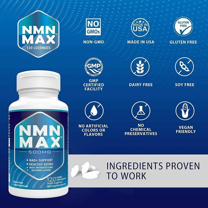 NMN Max 500mg NMN lozenges bottle with certification icons, gluten free and dairy free