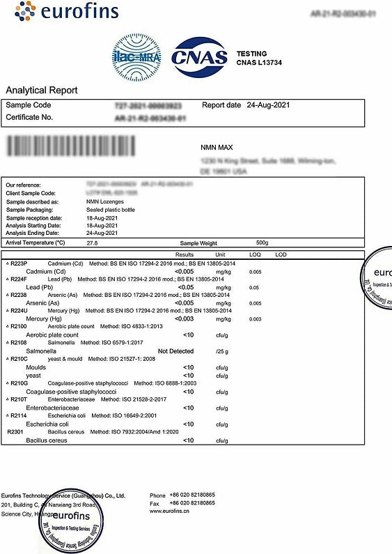 NMN Max 500mg NMN lozenges analytical report document with testing data tables