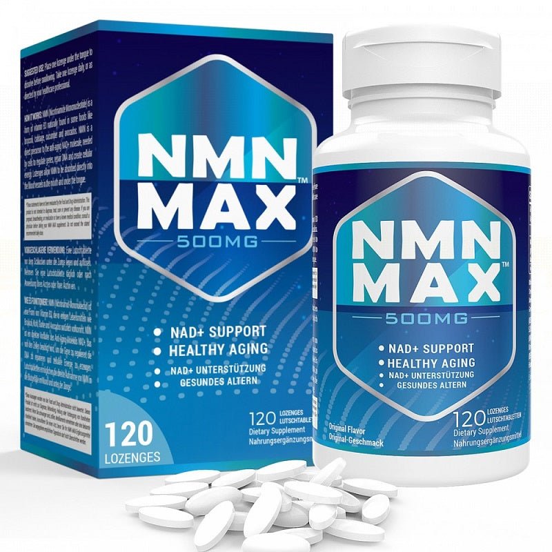 NMN Max 500mg NMN lozenges bottle and box, with white lozenges, 120 count