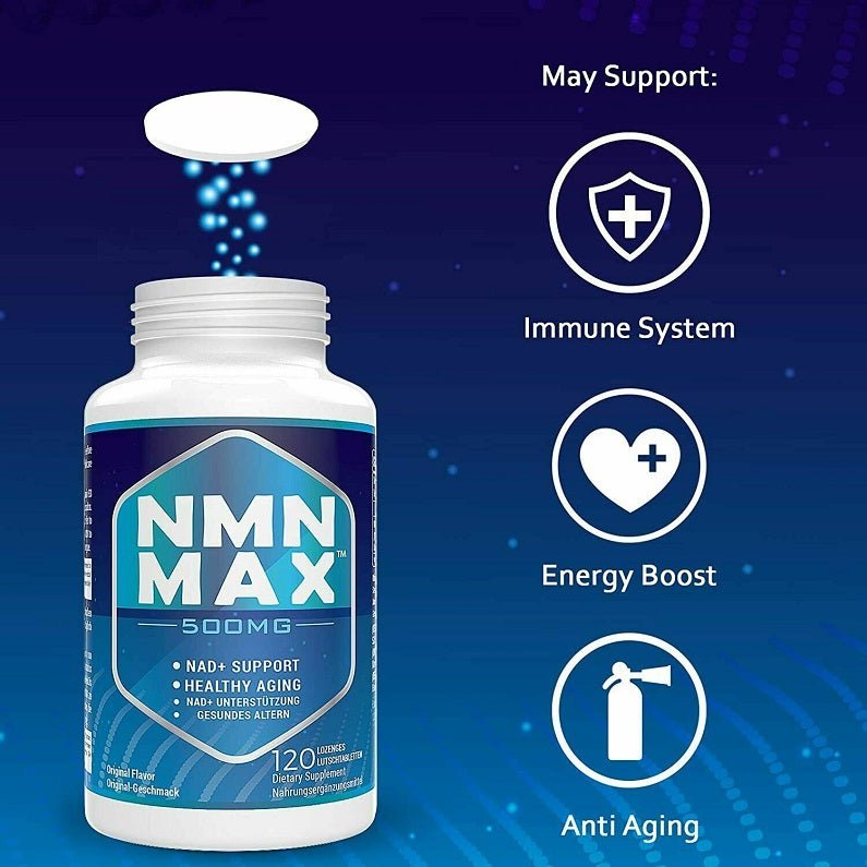 NMN Max 500mg NMN lozenges bottle, 120 count, with white circular icon badges