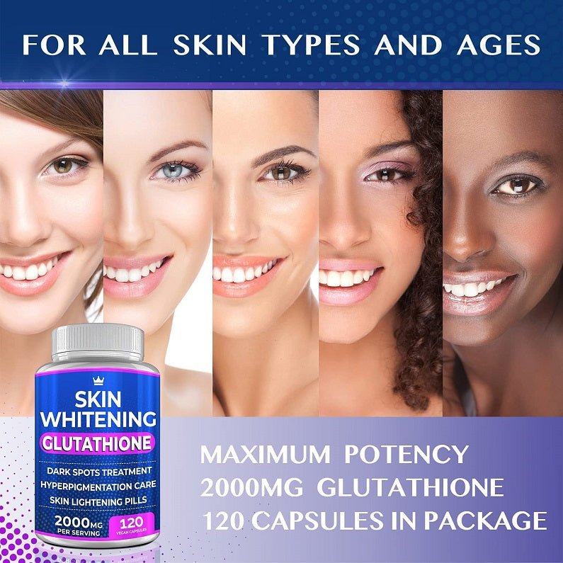 Skin Whitening Glutathione bottle label with 2000 mg glutathione and 120 capsules