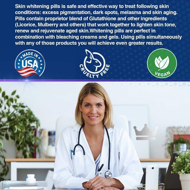 Skin Whitening Glutathione pills info with doctor and vegan and cruelty-free badges