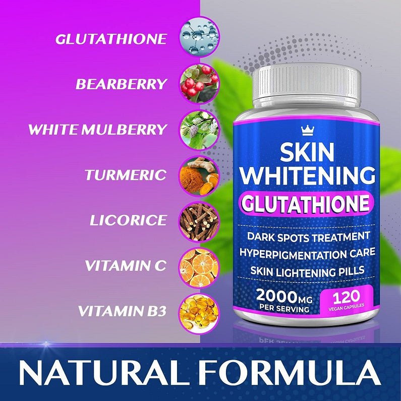 Skin Whitening Glutathione bottle with natural ingredient icons, including mulberry and turmeric
