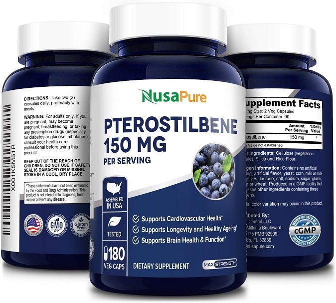 Set of NusaPure pterostilbene 150 mg supplement bottles, dark blue and white labels