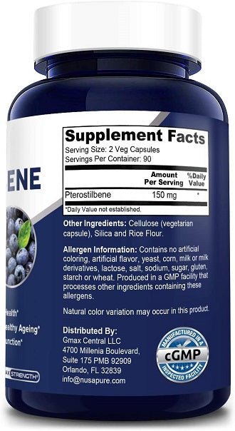 NusaPure pterostilbene 150 mg supplement bottle back label, Supplement Facts panel