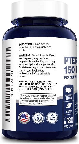 NusaPure pterostilbene 150 mg supplement bottle back label, directions and warnings
