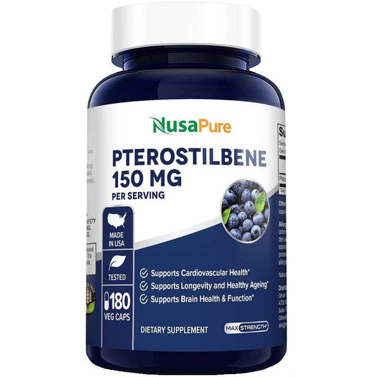NusaPure pterostilbene 150 mg supplement bottle, dark blue cap and white label