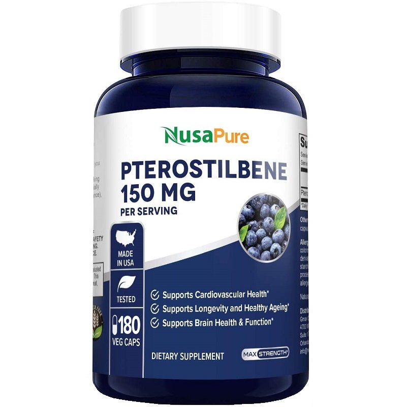 NusaPure pterostilbene 150 mg supplement bottle, dark blue cap and white label