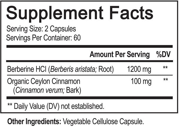 Supplement Facts panel for berberine HCl and organic Ceylon cinnamon, 2 capsules serving
