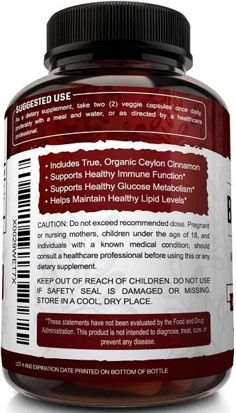 Supplement bottle back label with directions for use, allergy info, and caution text