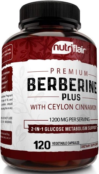 Premium berberine plus with Ceylon cinnamon 1200 mg supplement bottle, 120 vegetable capsules
