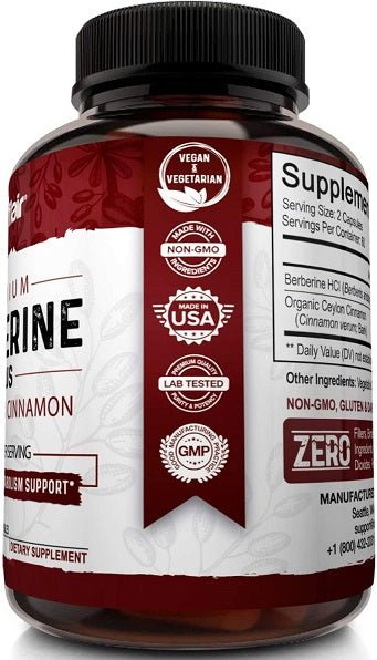 Supplement bottle with vegan, vegetarian, non-GMO, and lab tested badge icons on label