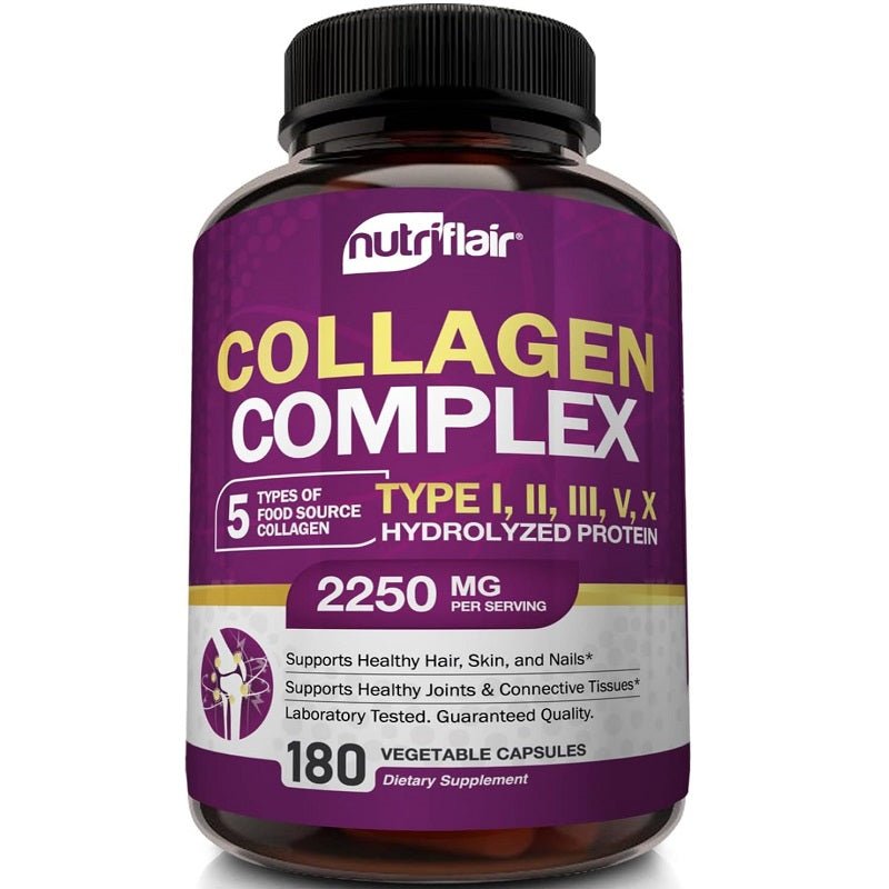 NutriFlair collagen complex supplement bottle, 2250 mg, 180 vegetable capsules
