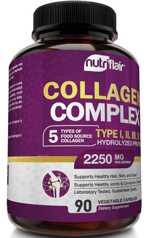 NutriFlair Collagen Complex supplement bottle, Type I–III, V and X, 90 veg capsules