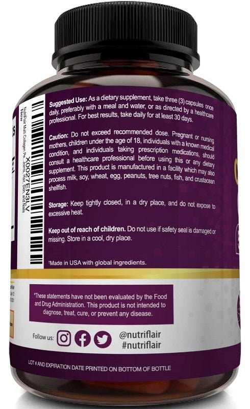 NutriFlair Collagen Complex supplement bottle back label with barcode and directions