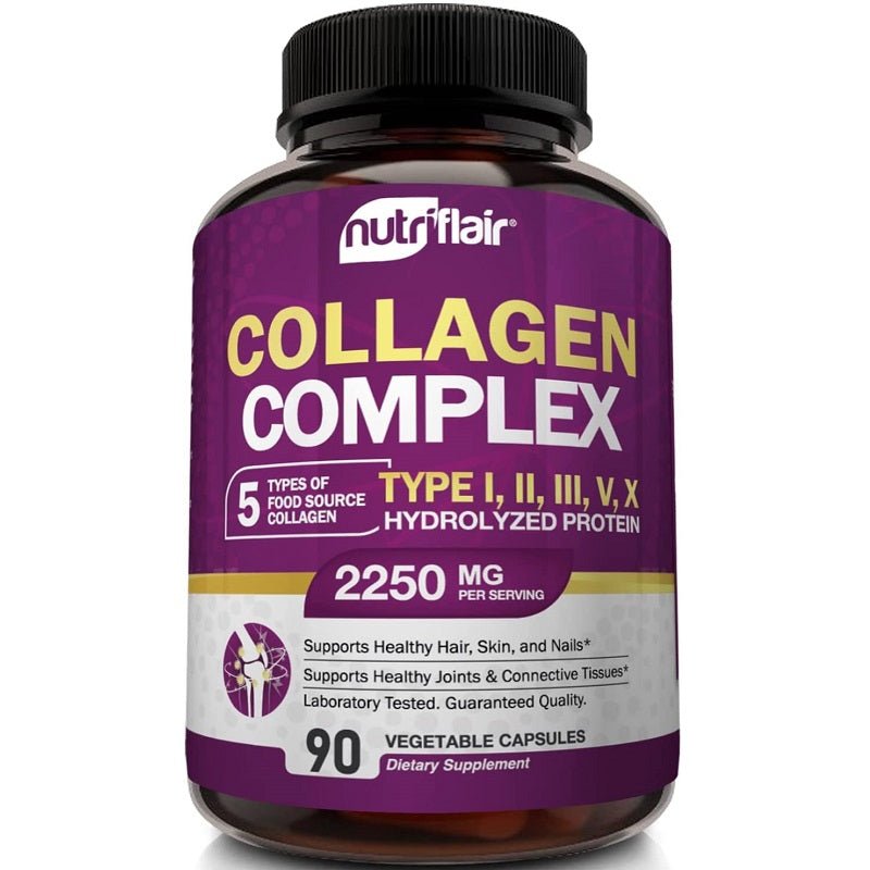 NutriFlair collagen complex supplement bottle, 2250 mg, 90 vegetable capsules