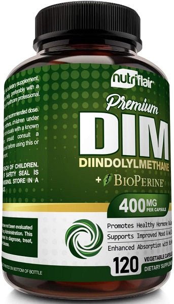 NutriFlair Premium DIM + BioPerine 400 mg bottle with 120 capsules, vegan label