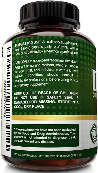 Green supplement bottle back label with usage directions and caution text