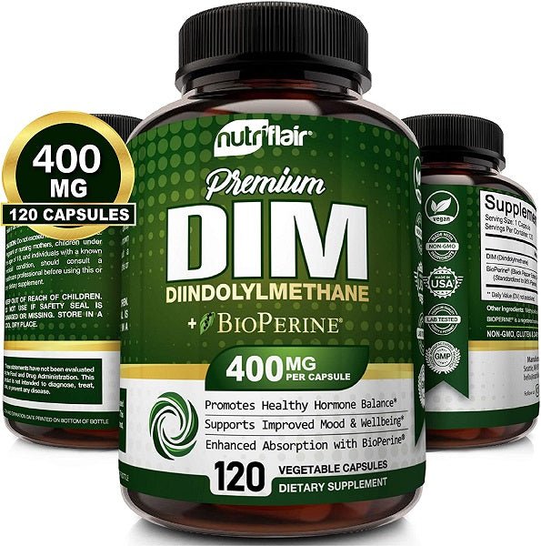 NutriFlair DIM + BioPerine 400 mg bottle with 120 capsules shown from front view