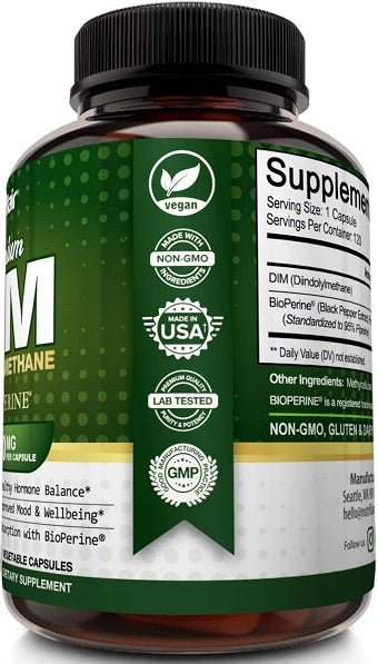 Green dietary supplement bottle with DIM and BioPerine label, vegan and 120 capsules