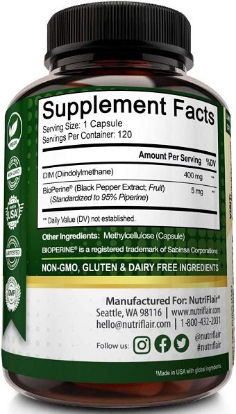 Supplement Facts label on NutriFlair DIM + BioPerine 400 mg bottle, 120 servings