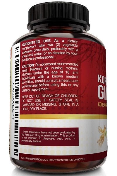 NutriFlair Korean ginseng supplement bottle with suggested use and caution text