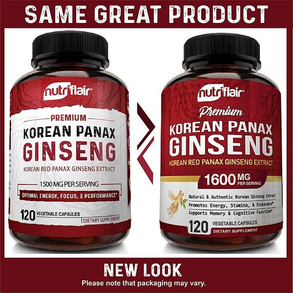 NutriFlair premium Korean ginseng supplement bottle, 1600 mg, 120 capsules