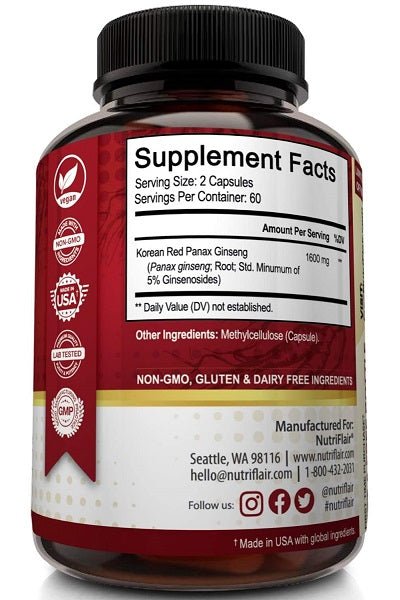NutriFlair ginseng supplement bottle with Supplement Facts and non-GMO gluten-free flags