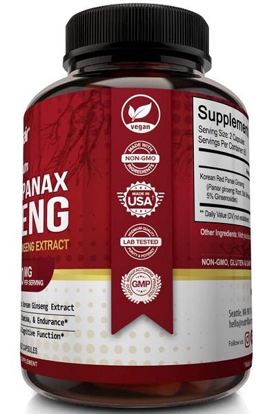 NutriFlair ginseng supplement bottle with vegan, non-GMO, made in USA badges