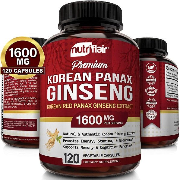 NutriFlair Korean panax ginseng supplement bottle with 1600 mg badge and capsules