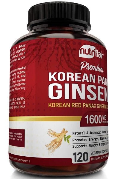 NutriFlair Korean ginseng supplement bottle with 1600 mg and 120 capsules