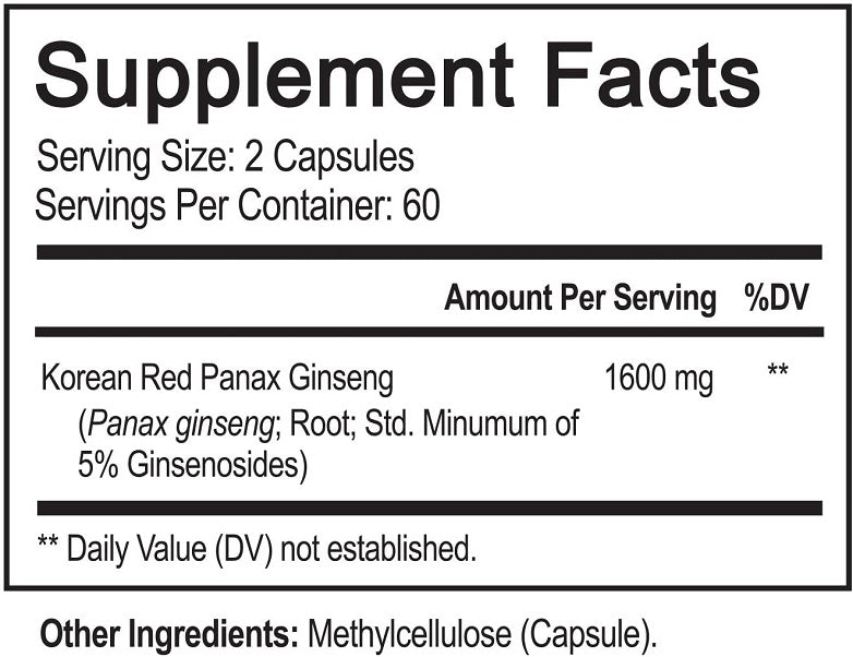 Supplement Facts label: Korean red panax ginseng, 1600 mg per serving